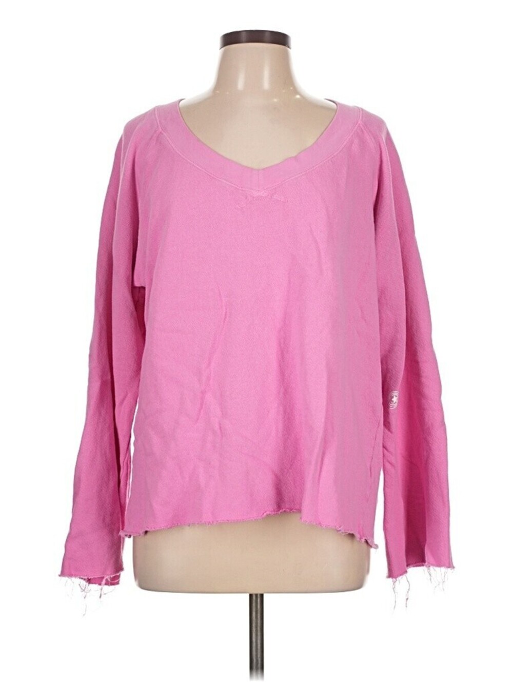 Friday Feelin Large Hot Pink 100% Cotton Scoop V-Neck Long Sleeve Sweatshirt